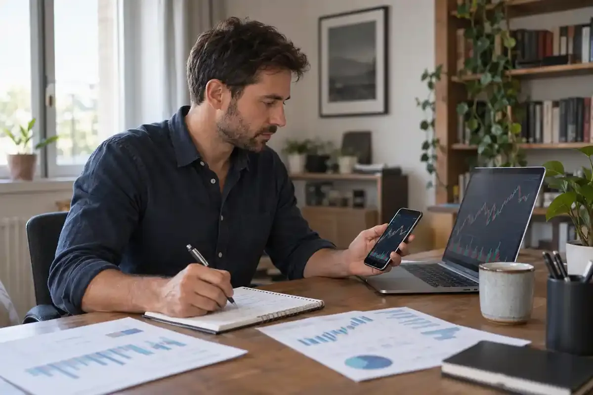 Real home-office scene with a person reviewing a laptop and smartphone beside printed charts and a practical task notebook