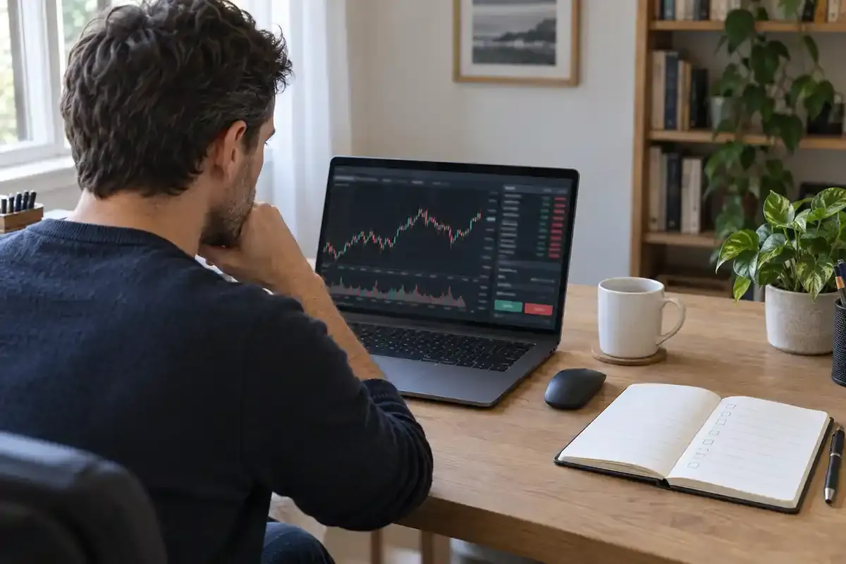 Real person at a modest home office using a laptop with a generic multi-window trading terminal and handwritten setup checklist
