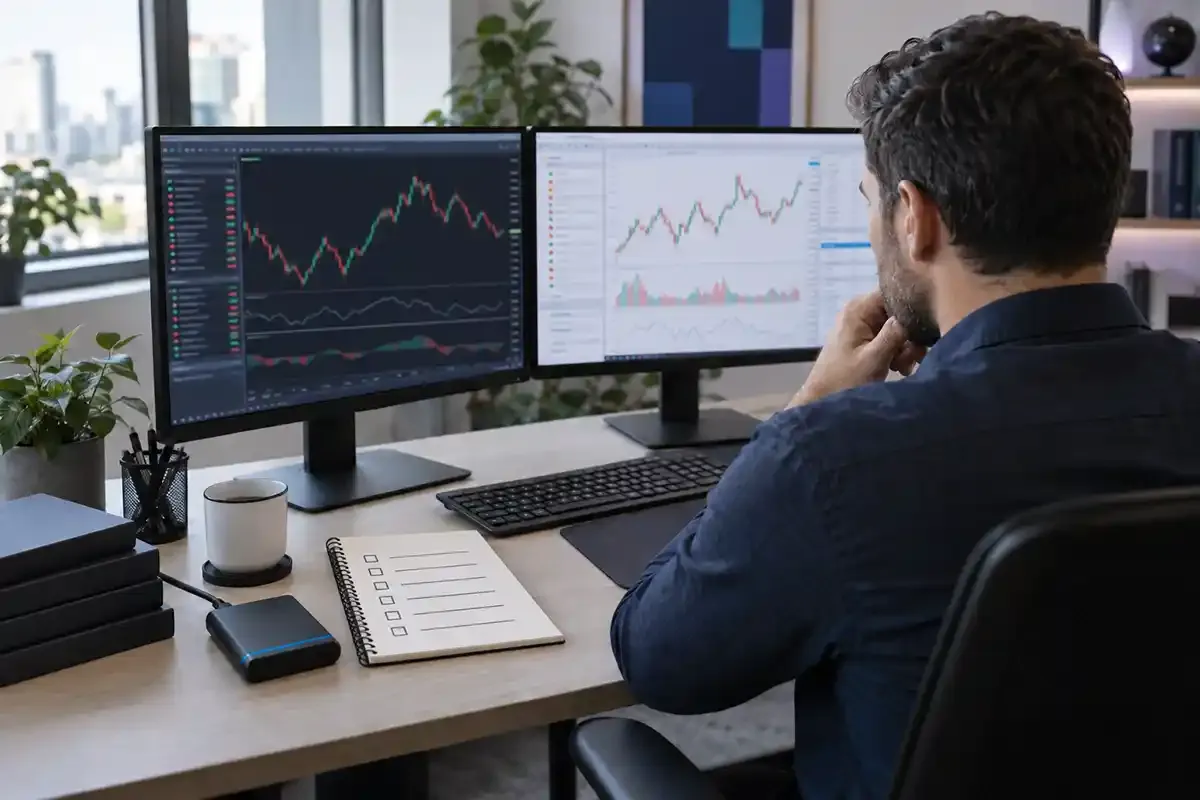 Two realistic desktop trading workspaces side by side with a notebook and data transfer drive