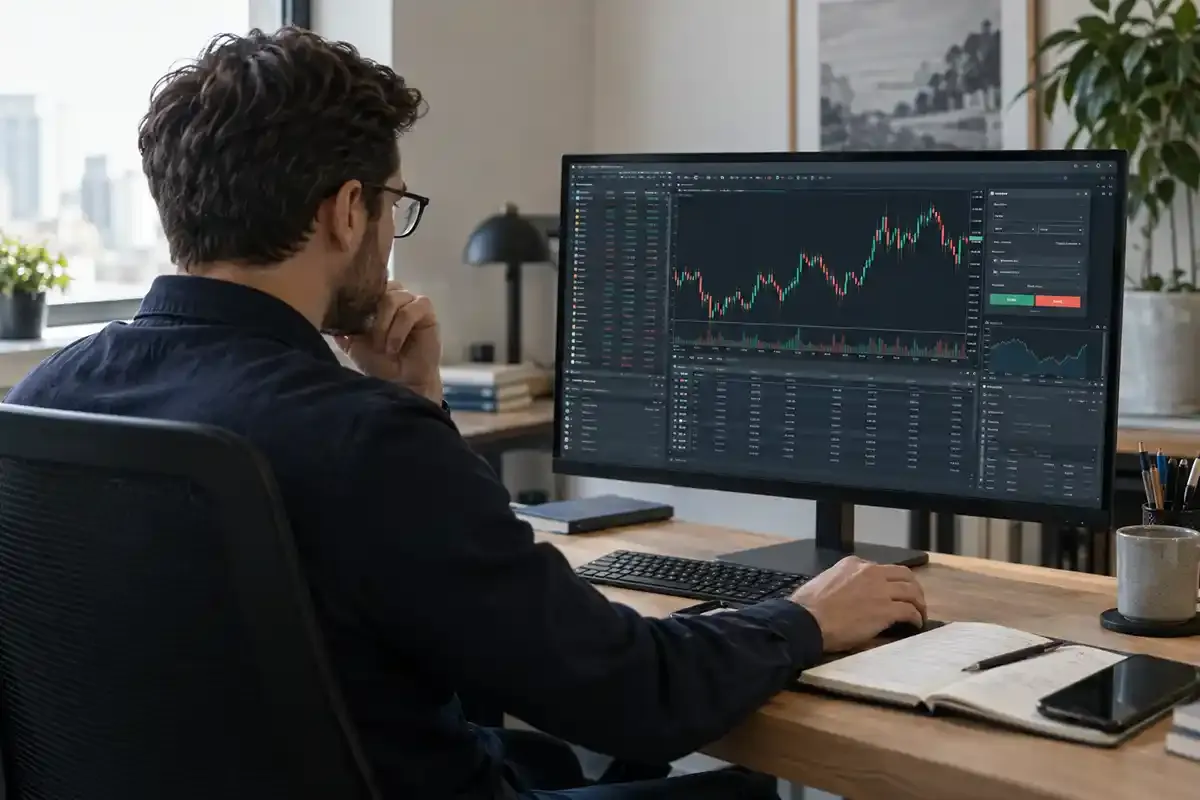 Real professional in an ordinary office using a desktop screen with a generic multi-panel chart, watchlist and order window