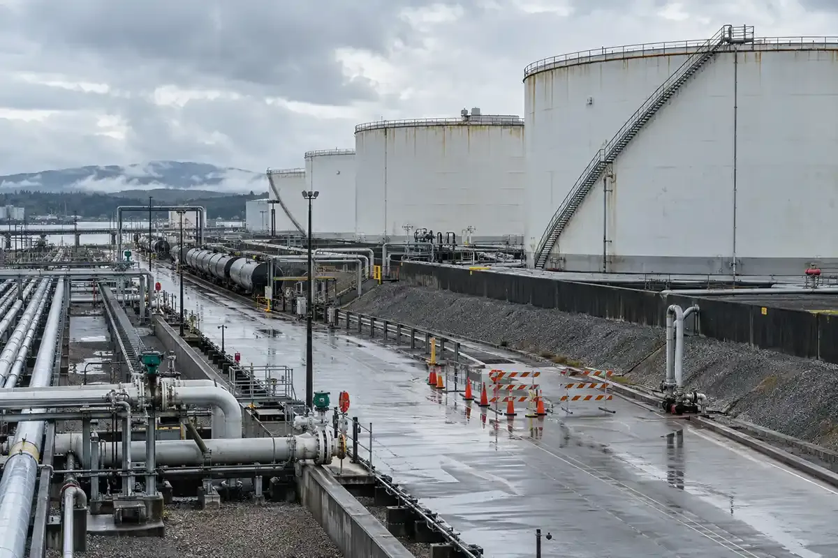 Working petroleum tank farm with pipelines, rail cars and a rain-closed maintenance lane