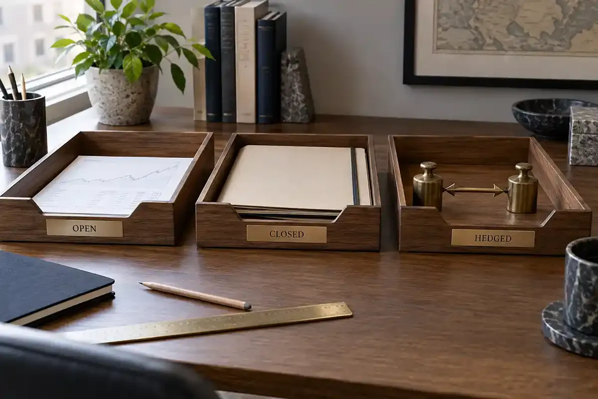 Three real wooden document trays representing open, closed and balanced opposing positions on an editorial desk