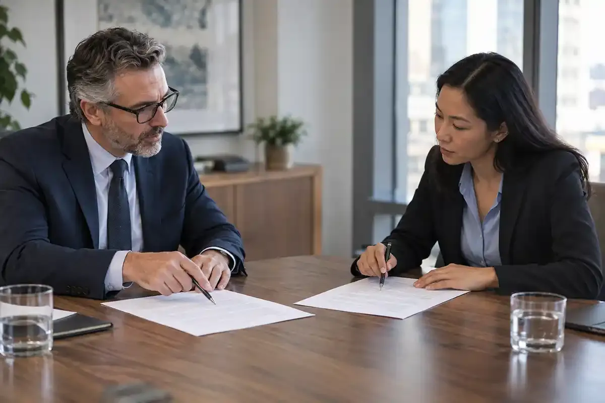 Two finance professionals reviewing opposite copies of a bilateral agreement across a real meeting table