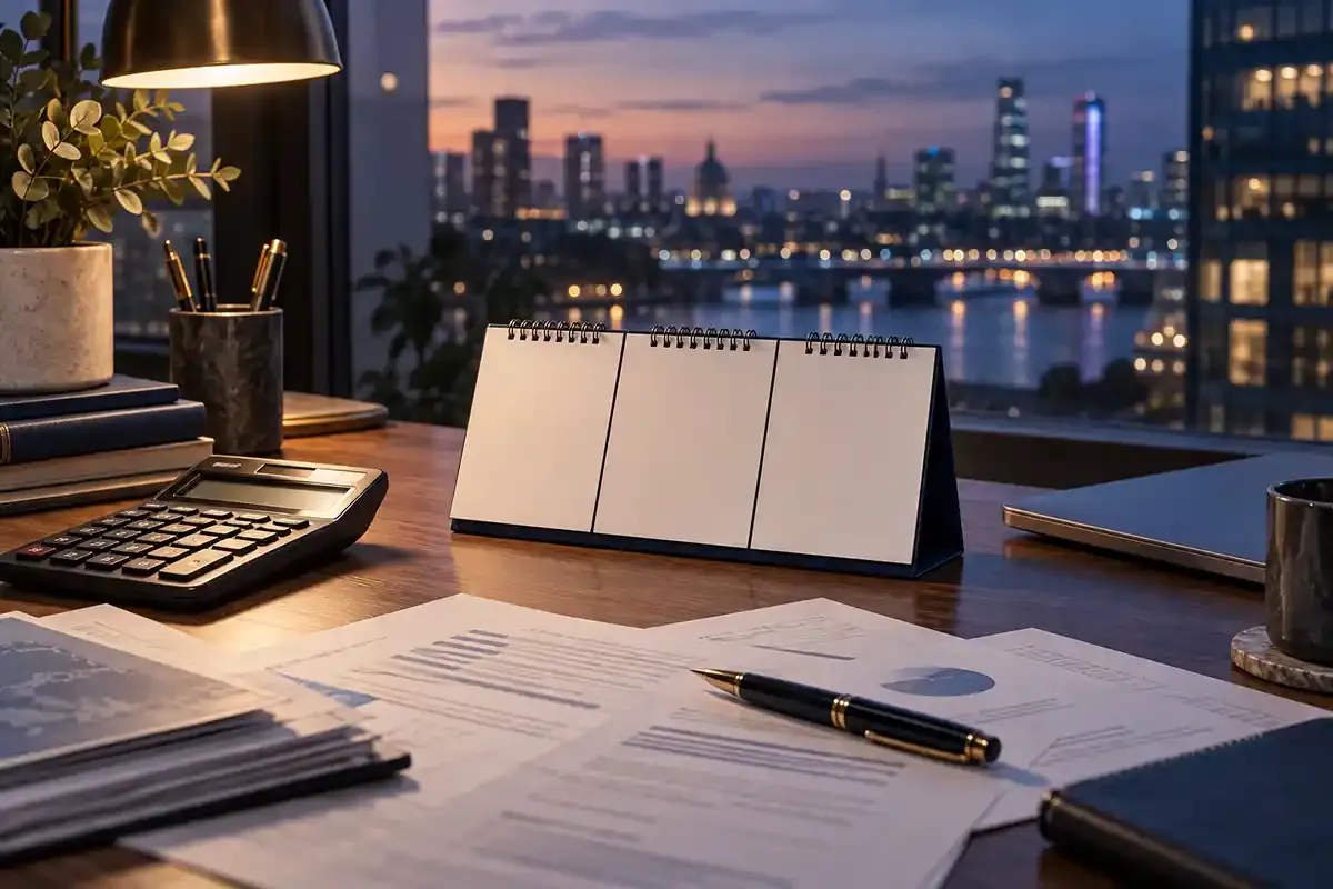 Desk calendar crossing a weekend beside a calculator and a realistic market statement