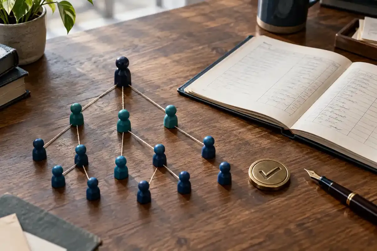 Real wooden network markers connected beside an open trading ledger and a brass verification token