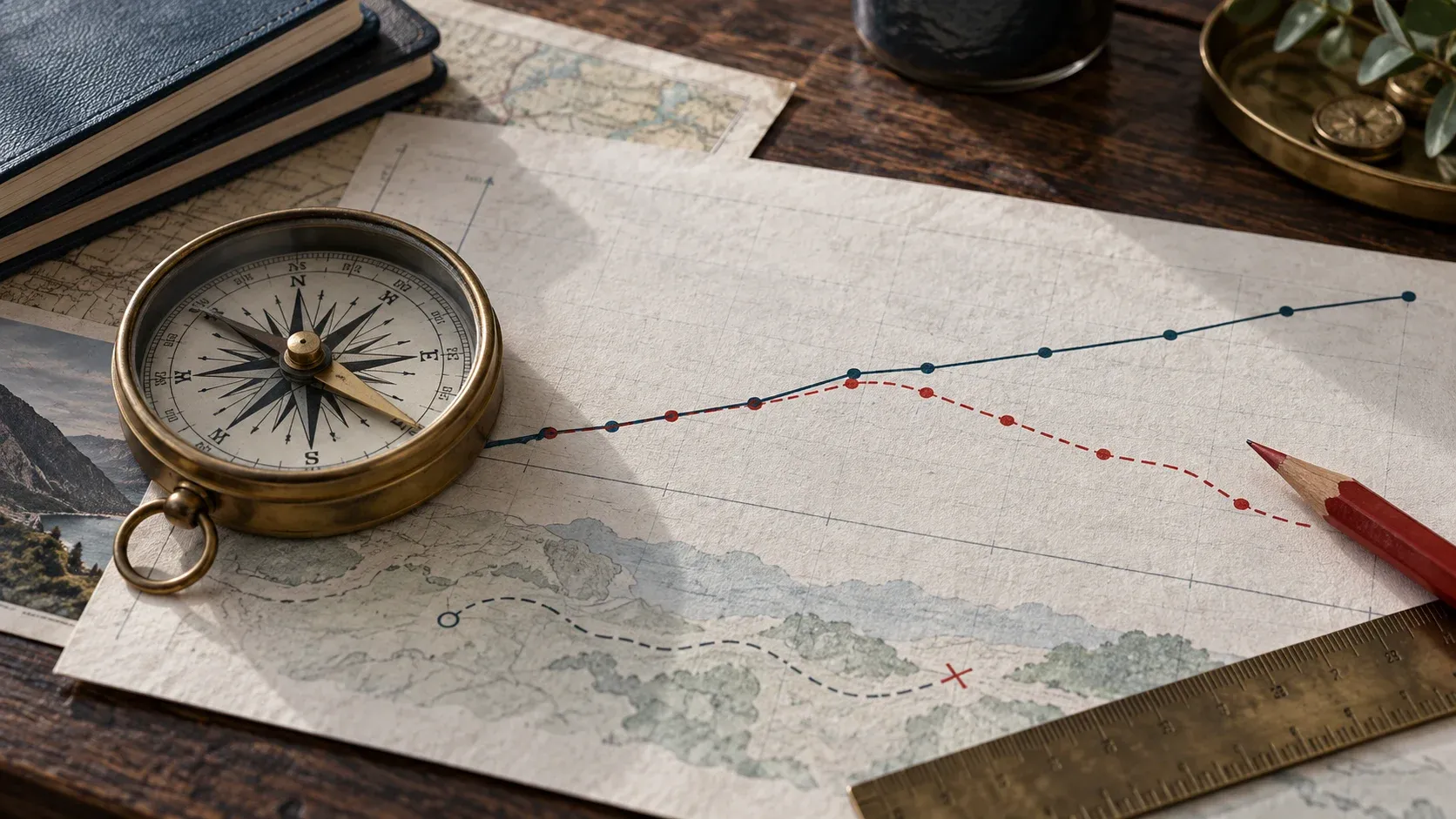 A brass compass on a real paper market chart where a plotted route gradually diverges beside a red pencil and ruler