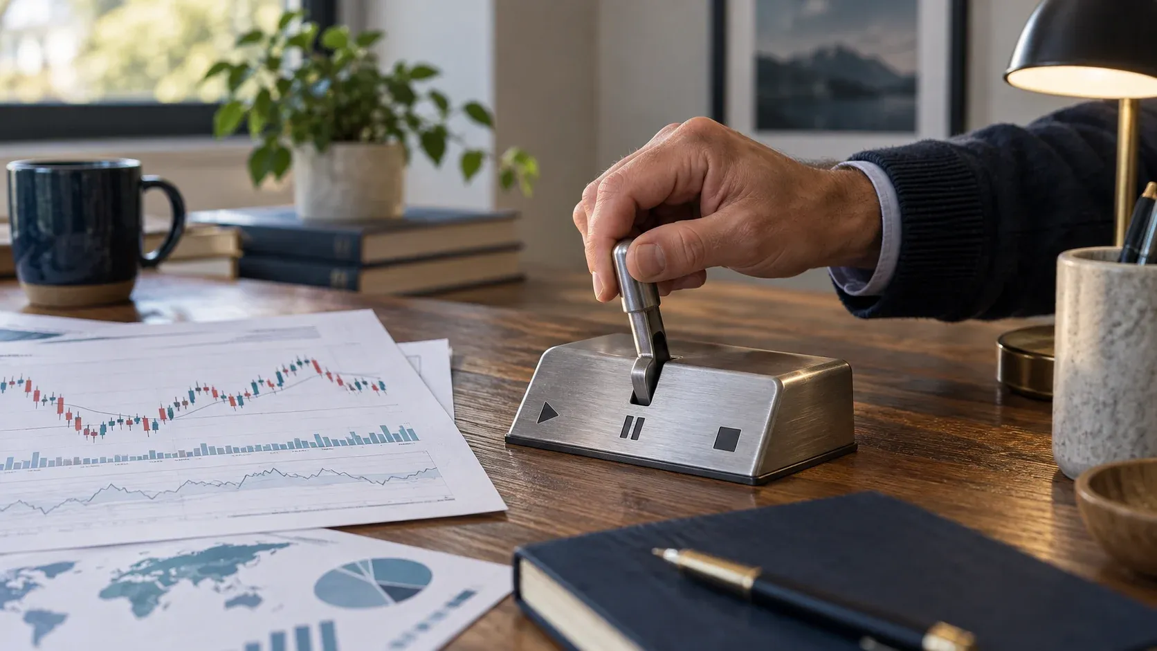 A person operating a physical pause control beside printed market charts on a real wooden office desk