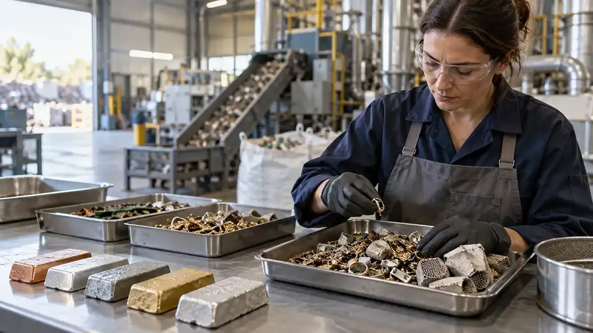 Technician sorting recovered metal materials inside a real recycling and assay facility