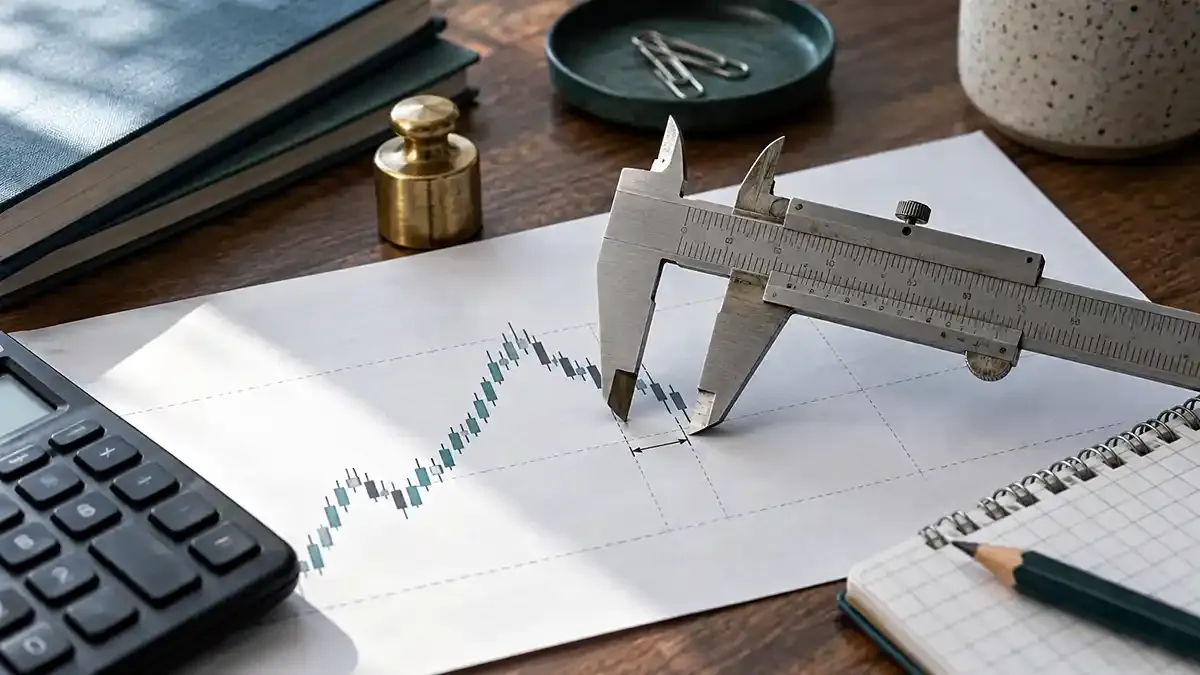 Metal calliper measuring a small move on a printed market chart beside a calculator