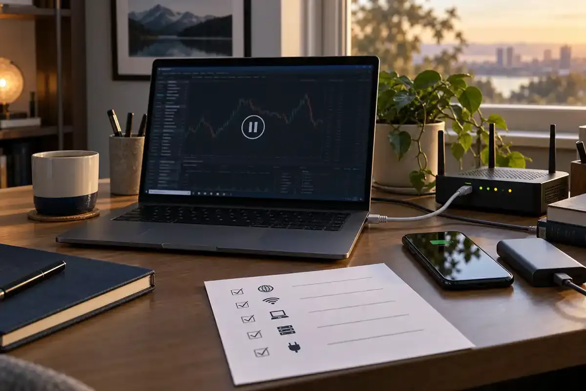 Real home-office trading desk with laptop, router, network cable, phone, power bank and printed continuity checklist
