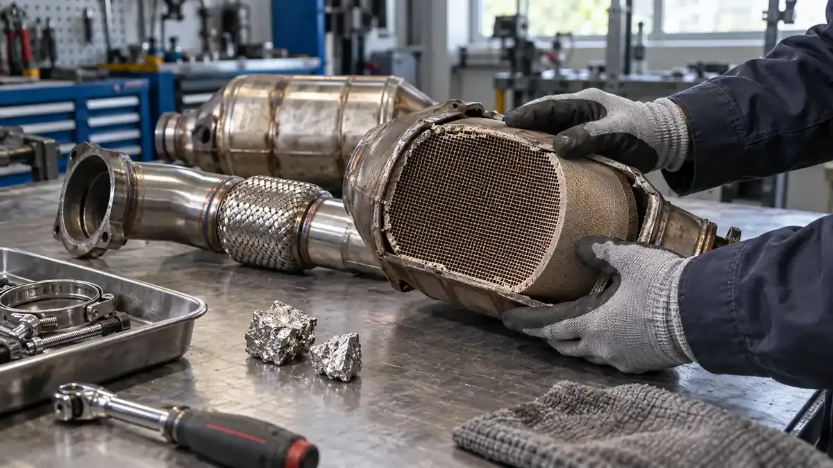 Engineer inspecting a real catalytic converter beside platinum-group-metal samples on an automotive workbench