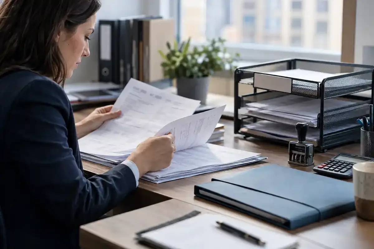 Finance operations professional reviewing real paper statements beside document trays, a date stamp and a payment folder