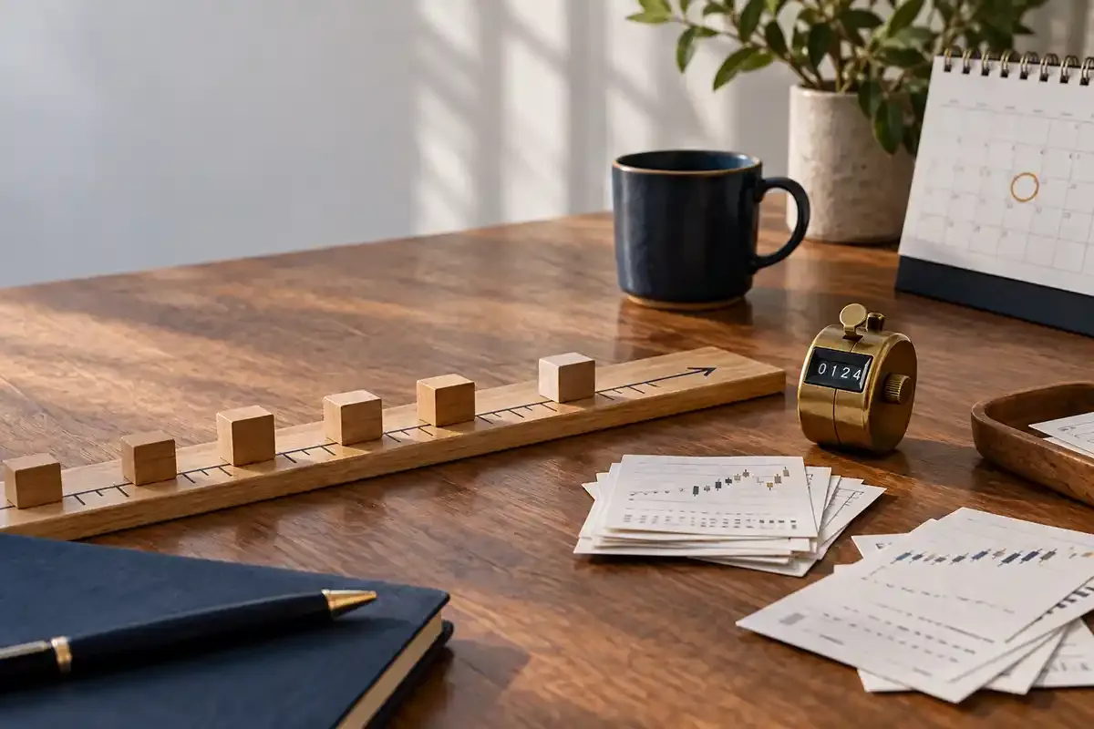 A real editorial desk with wooden measuring blocks, printed trade tickets, a brass counter and a calendar in natural daylight