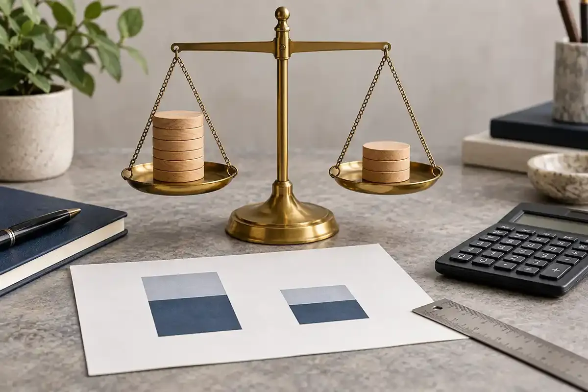Real editorial still life with a brass balance scale, two groups of wooden discs and a plain calculator on a natural desk