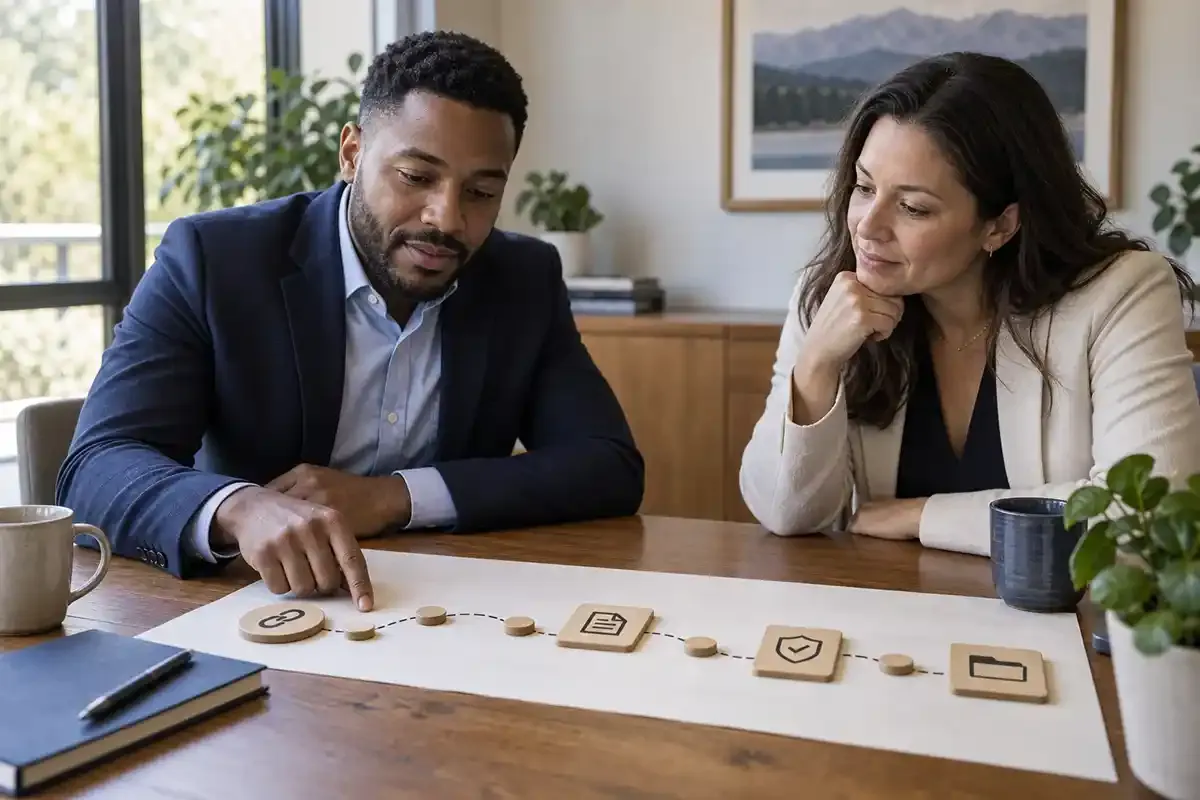 Two real business colleagues reviewing a paper referral journey with linked wooden markers in a naturally lit meeting room