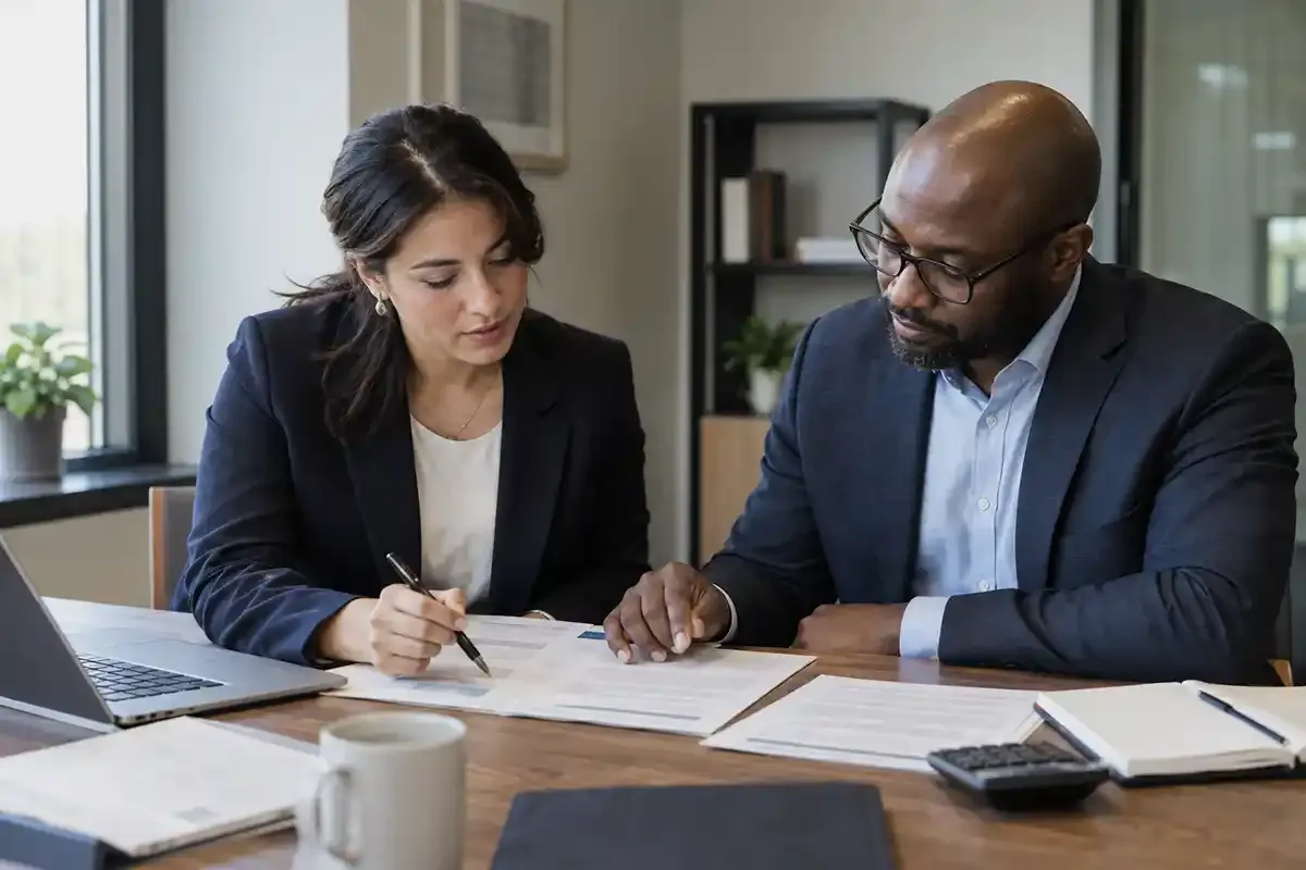 Two professionals reviewing account documents and pricing notes in a real office meeting
