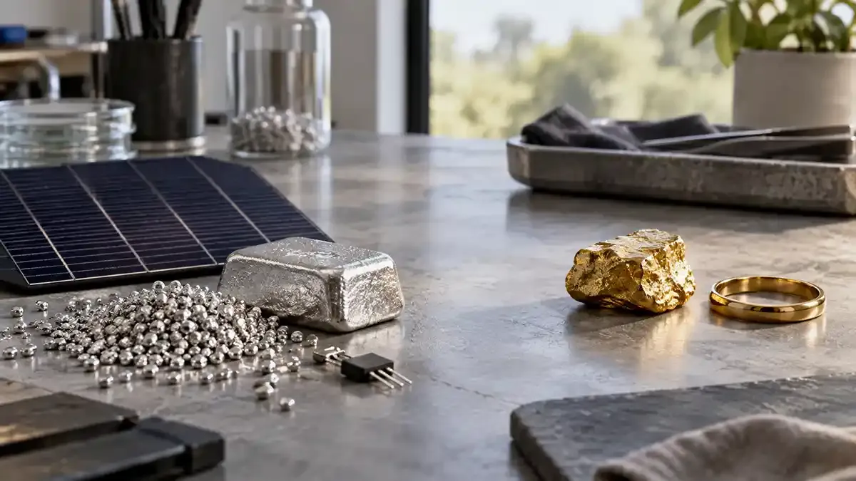 Silver granules and an ingot beside a solar cell, electronics and a separate gold sample on one real materials desk
