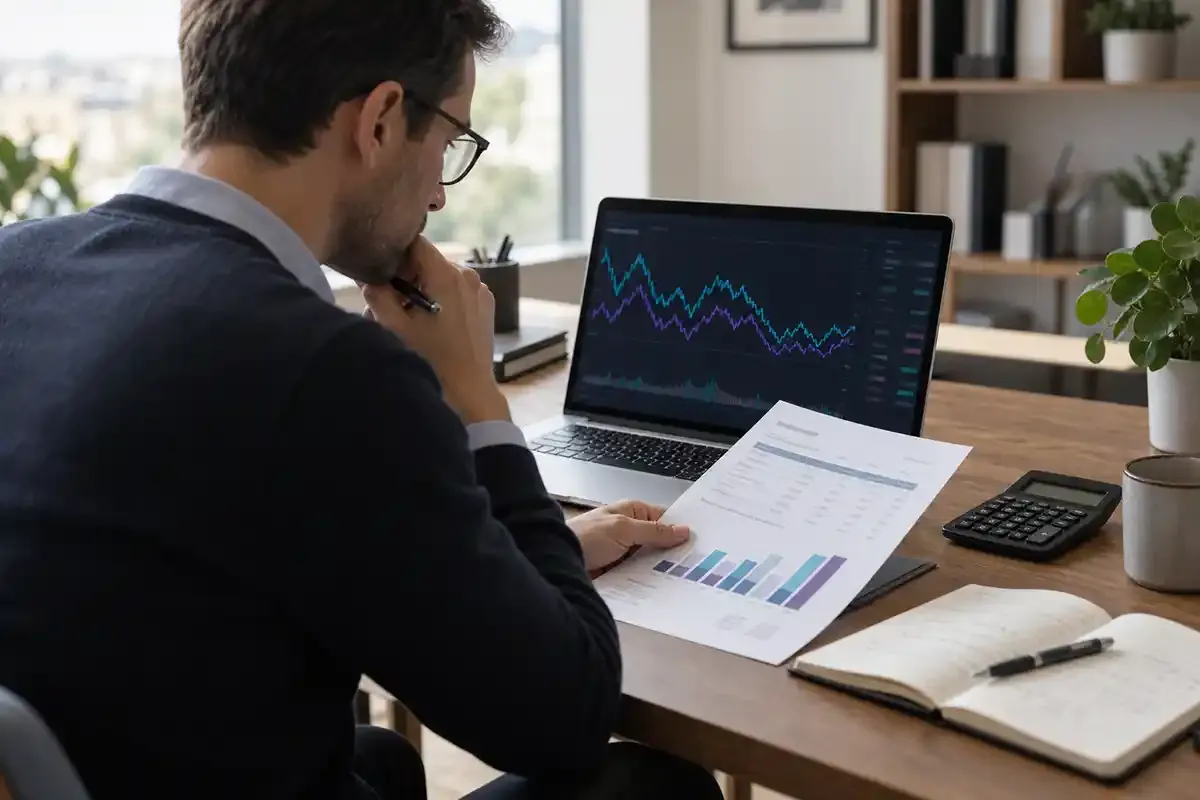 Analyst comparing forex trading costs using a laptop, printed report and calculator.