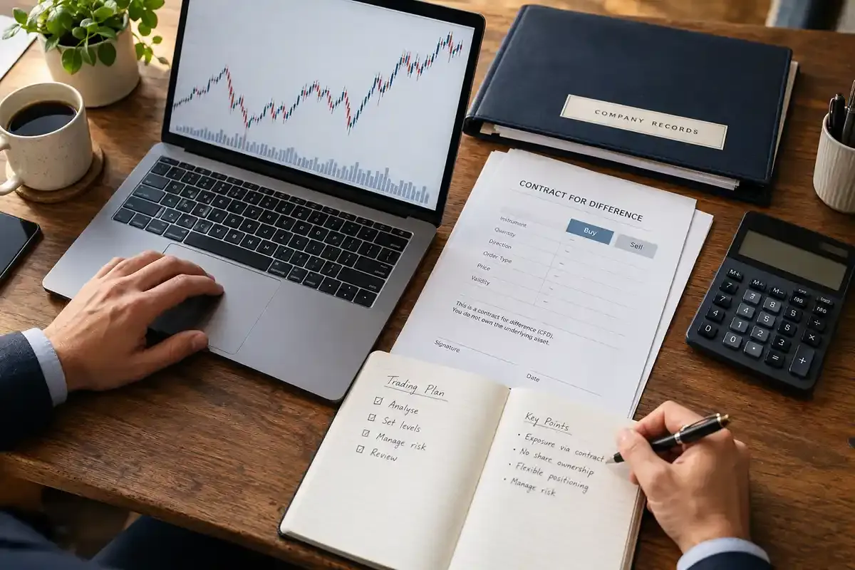 Analyst at a real desk reviewing a generic share-price chart, CFD contract and risk notes