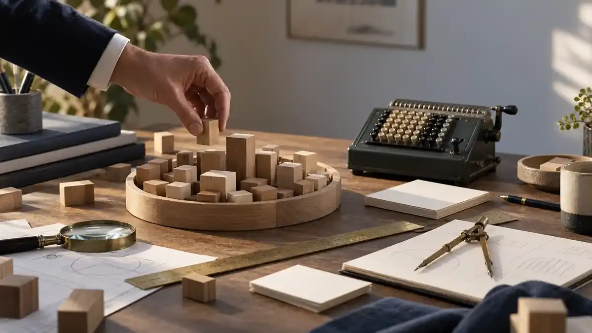 Wooden company blocks being arranged into a measured basket on a real analyst worktable