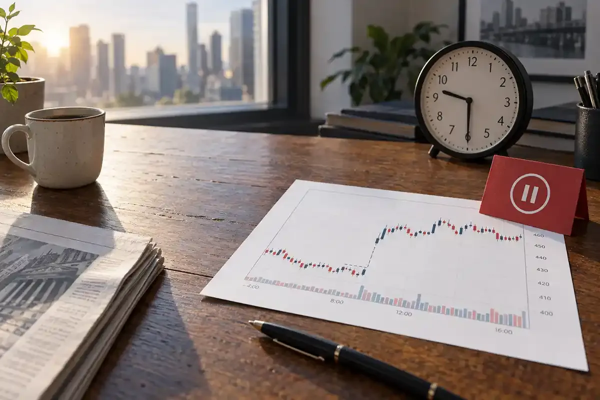 Real editorial desk with exchange clock, printed stock chart showing a gap and a trading-pause card