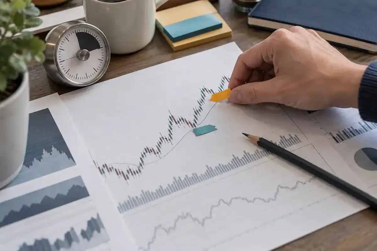 A real hand placing stop and limit markers on a printed market chart beside a mechanical desk timer