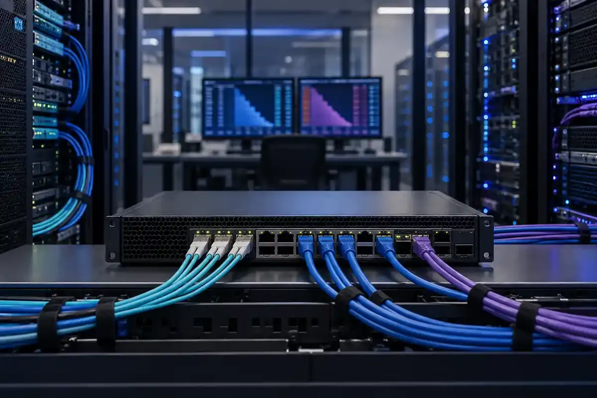 Physical network switch, fibre connections and trading monitors in a realistic financial operations room