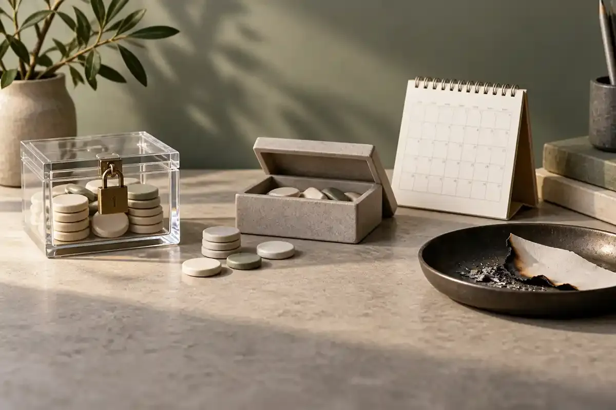 Locked and released ceramic counters beside a calendar and an extinguished burn tray