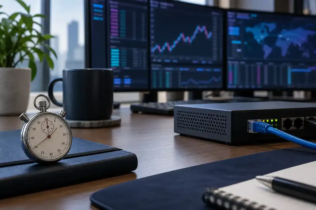 Network cable, precision timer and trading workstation arranged in a realistic editorial office setting