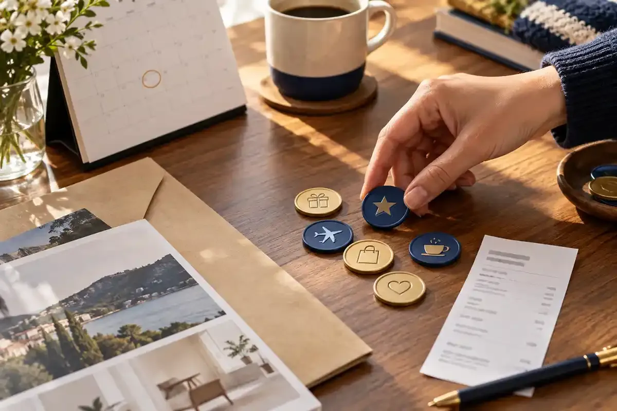 Real loyalty tokens, a calendar, a receipt and a catalogue envelope arranged on a warm editorial desk