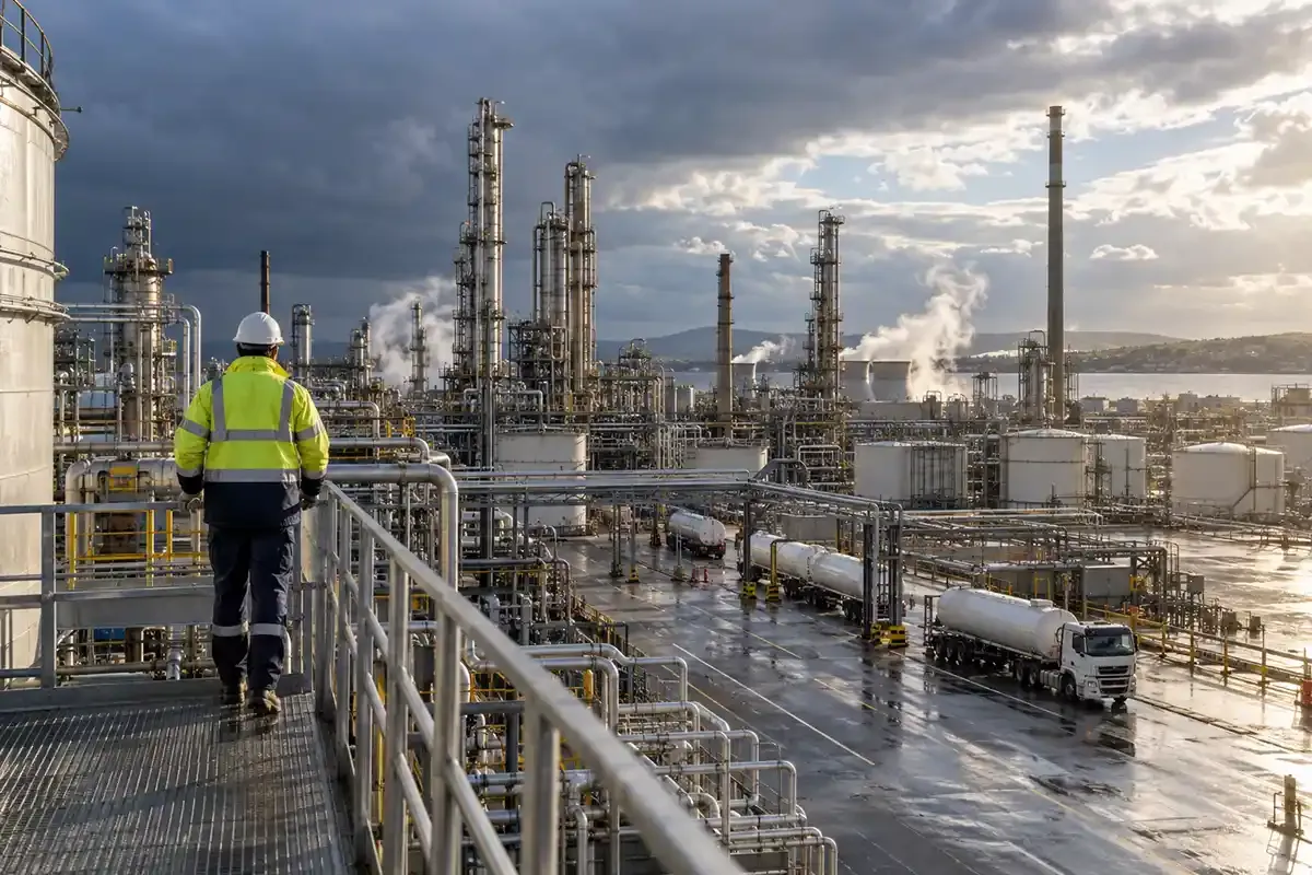 Refinery worker viewing a working fuel complex as storm clouds clear into seasonal sunlight