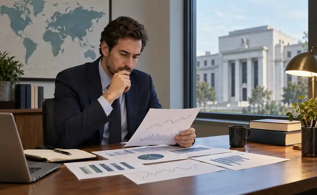 A market professional reviewing printed economic charts in a real office near a civic building