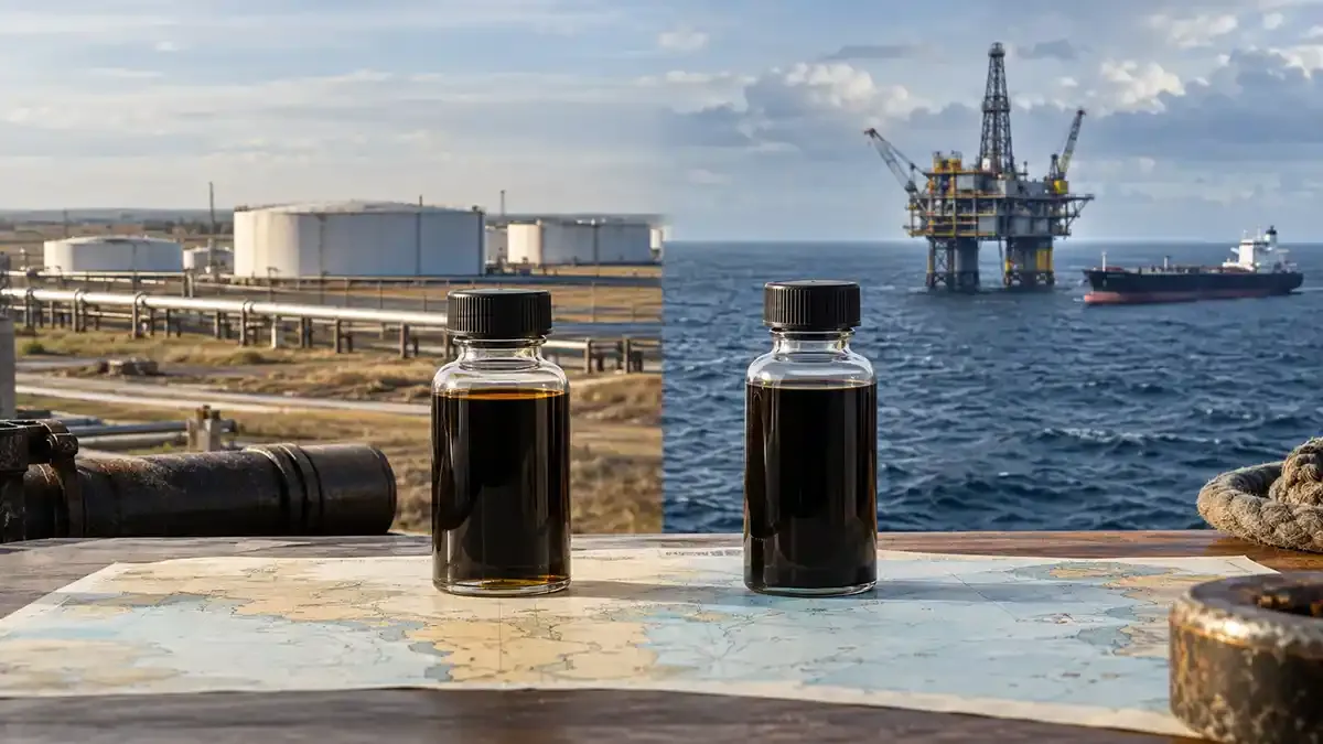 Two crude oil sample bottles with inland storage on one side and offshore production on the other