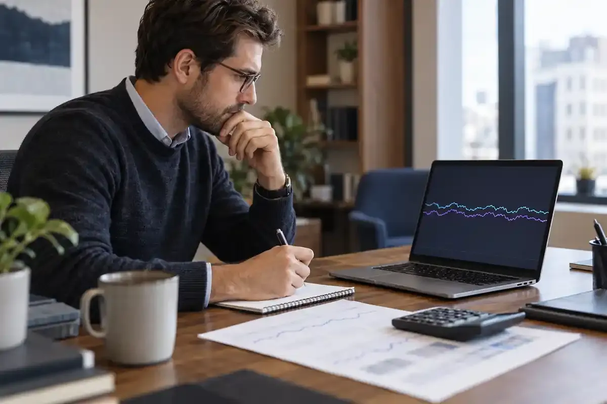 Forex analyst reviewing a narrow bid and ask spread on a laptop beside a calculator and notebook