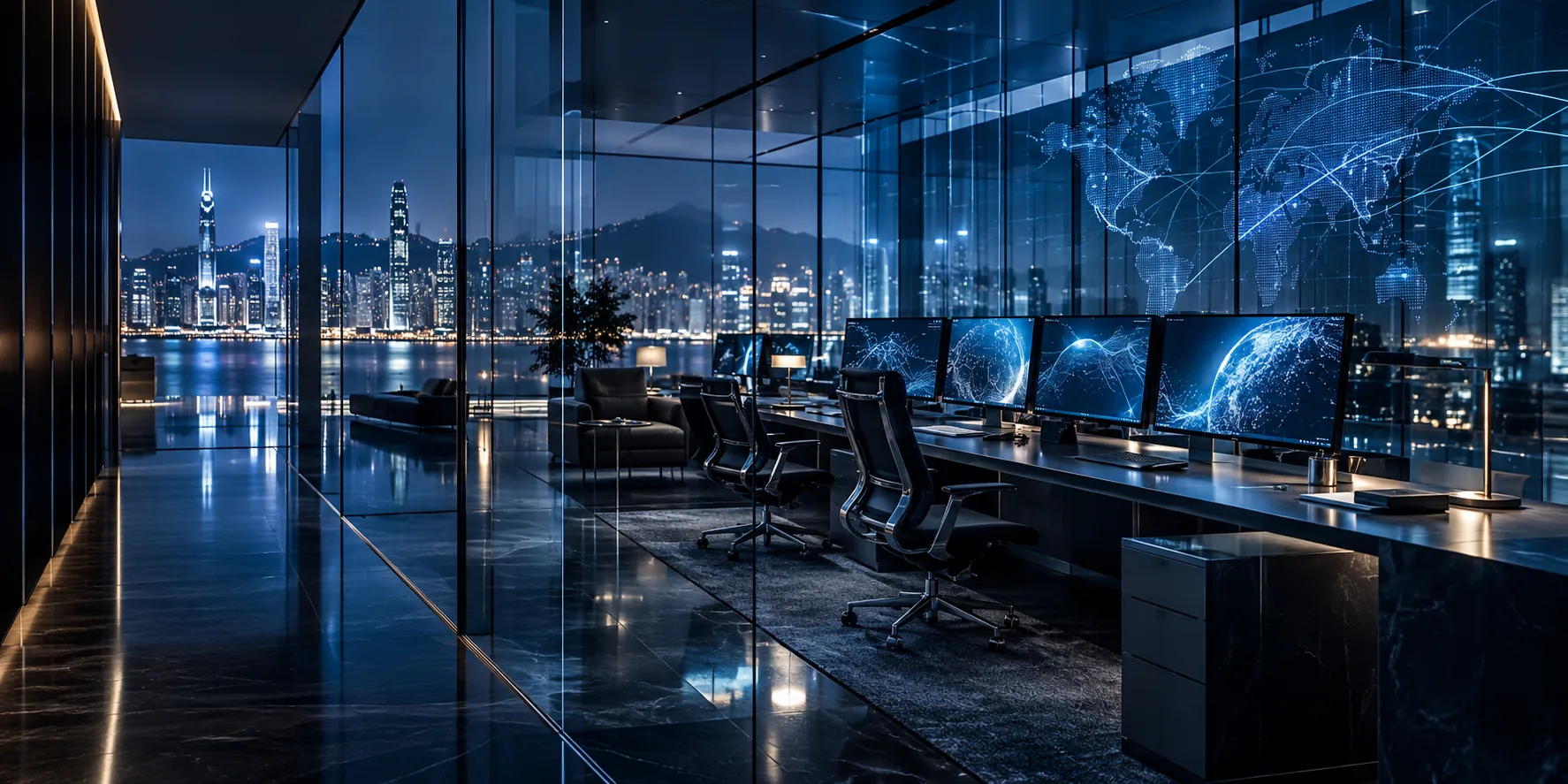 A modern glass-walled trading workspace with a connected global view