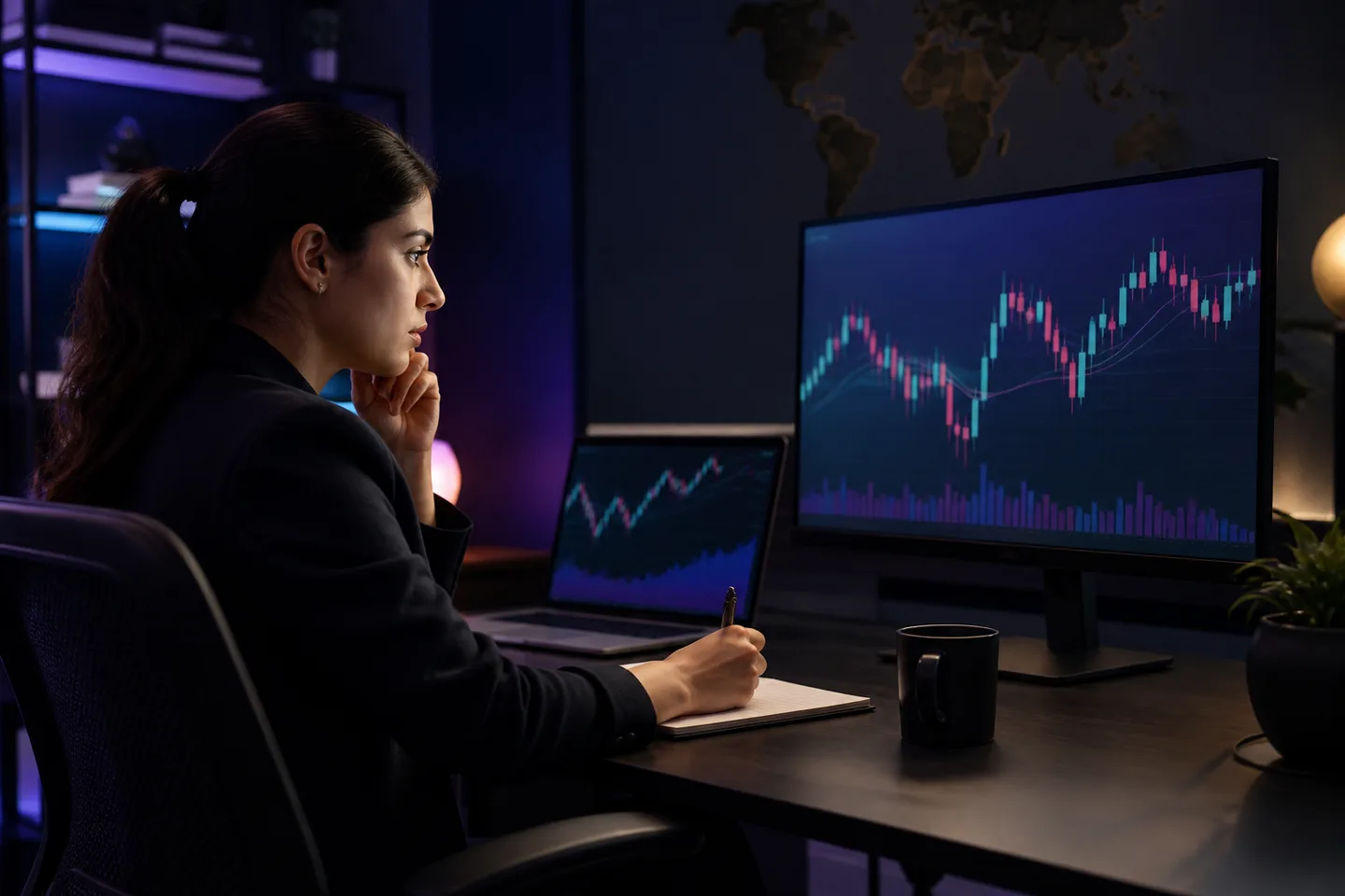 A market professional reviewing metals charts and recording observations