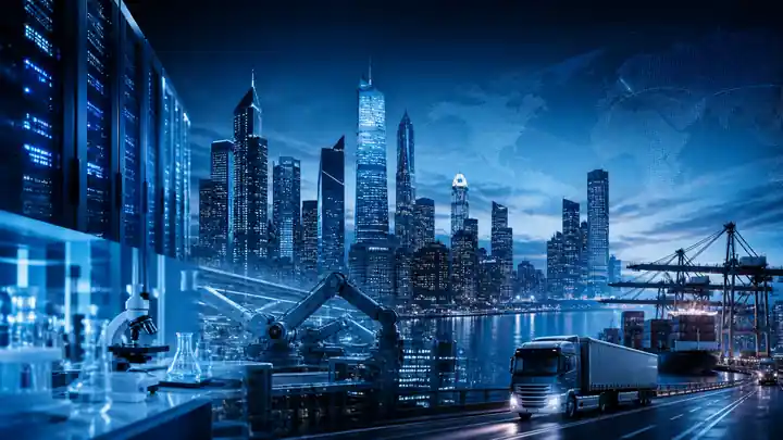 A global-market visual representing technology, industry, healthcare and consumer activity