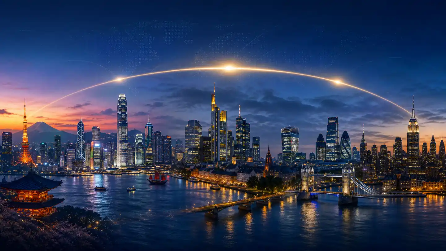 A global city panorama connecting Tokyo, Hong Kong, European, London and New York market sessions