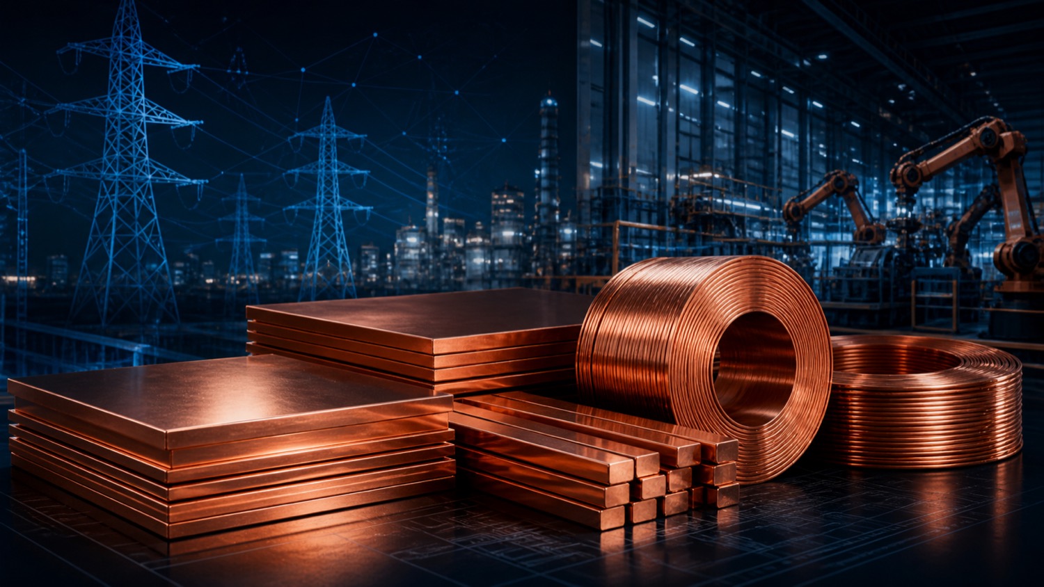 Copper materials, power infrastructure and modern manufacturing representing the industrial cycle