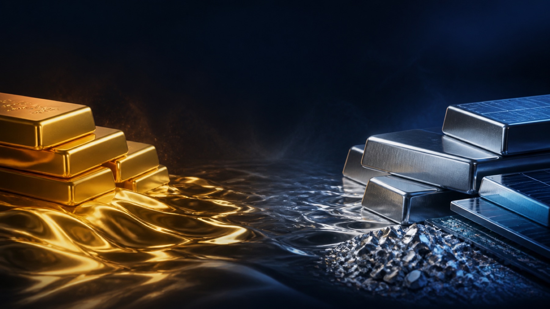 Gold and silver bars in a dark studio environment