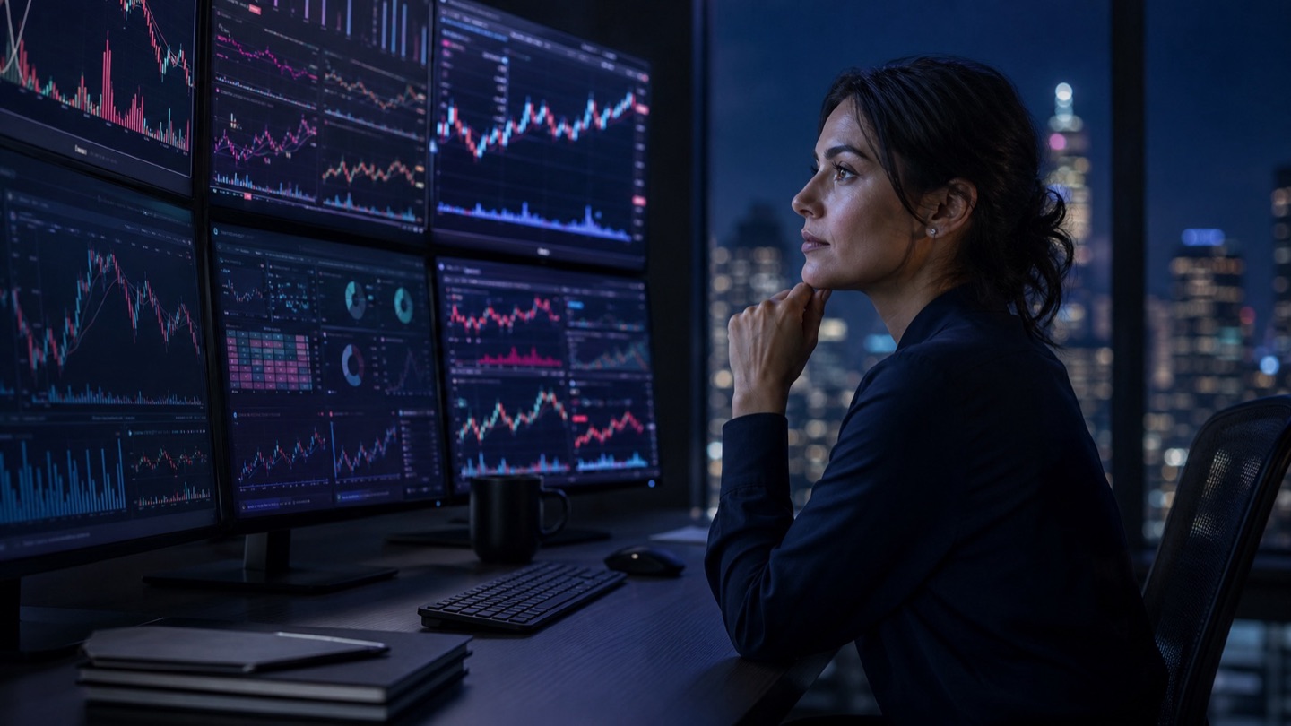 A professional analyst studying company charts at a multi-screen workspace