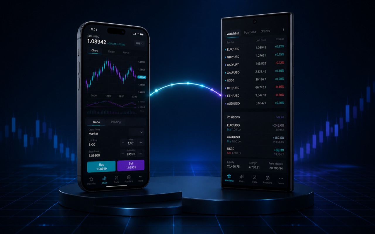 Two mobile devices showing a trading account workflow