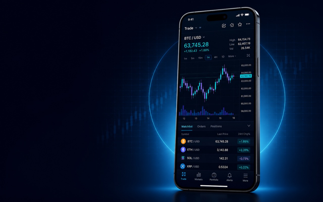 Trading chart displayed on an iOS-style phone