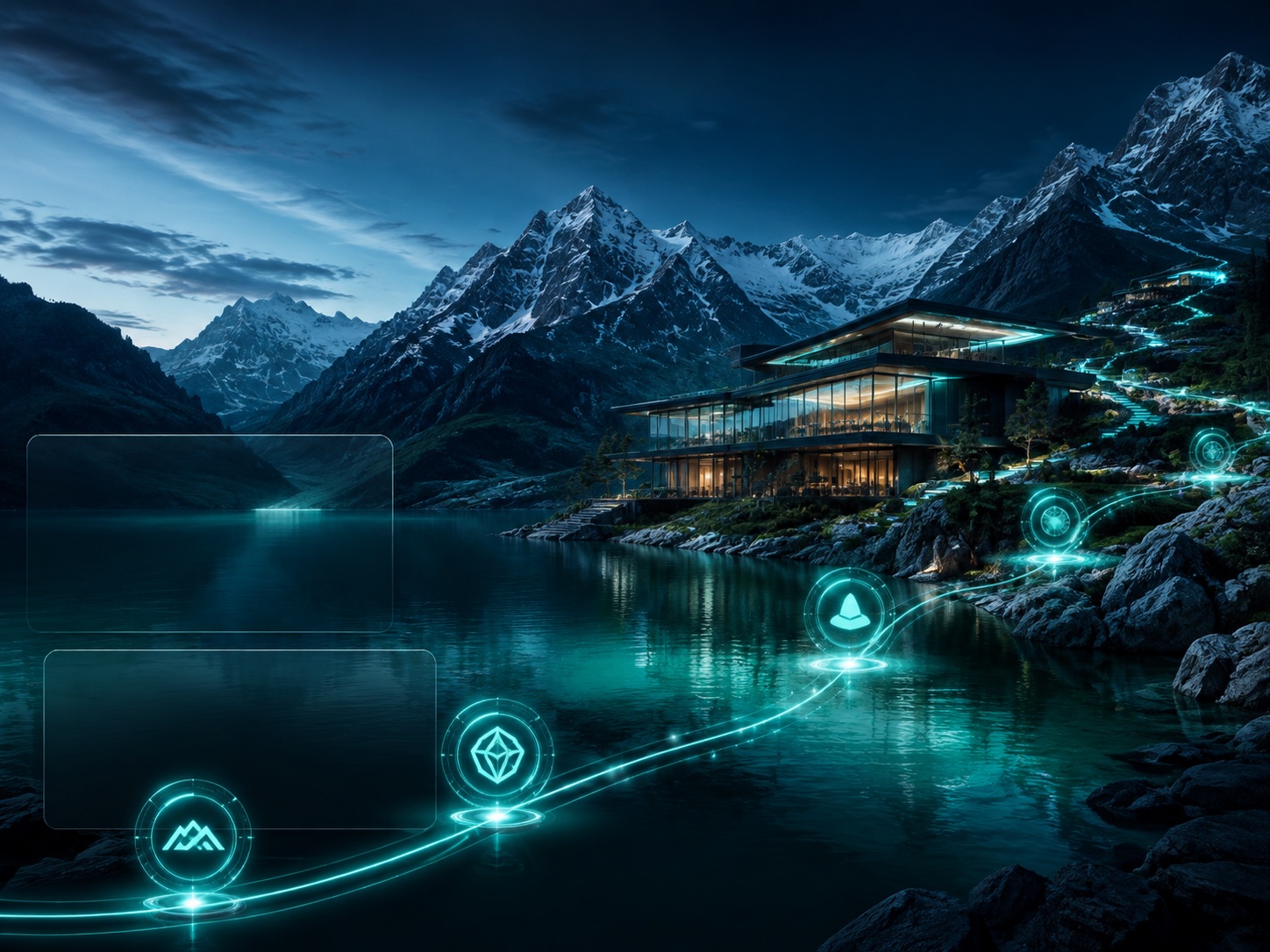 A contemporary alpine lodge beside an emerald New Zealand lake